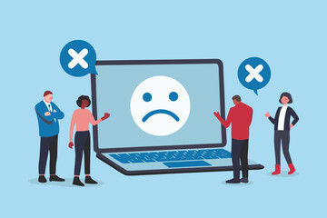 Diverse group of people reacting negatively to a sad face emoji on a laptop screen with error messages