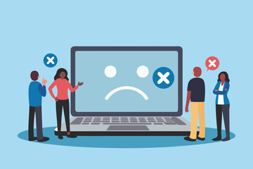 Diverse group of people looking frustrated at a laptop displaying a sad face and error messages