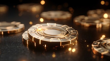 Stacked luxury metallic tokens rest upon a dark textured surface with glowing highlights.
