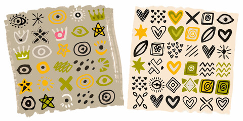 Collection of hand drawn abstract symbols and icons in a whimsical doodle style