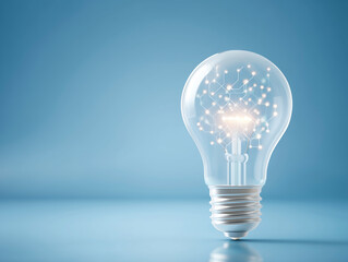 青い背景に置かれたネットワークのイメージを内包する輝く電球　アイデアのイメージ