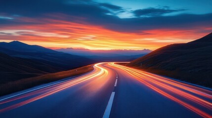 Curved mountain road at sunset with colorful light trails from vehicles creating dynamic streaks against vibrant orange and blue sky