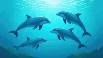 Obraz premium Four dolphins swimming underwater in a colorful vector illustration with ocean light