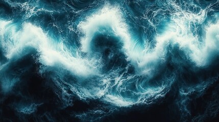 Turbulent ocean waves with white foam crashing and swirling in deep blue water under dramatic lighting