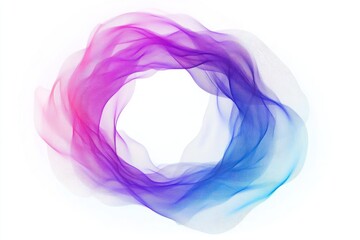 Abstract translucent circular wave made of flowing mesh fabric in gradient colors from pink to purple to blue against a white background, evoking motion and fluidity