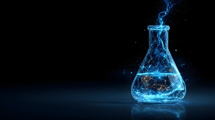 Digital network energy flows upward from a glowing substance inside a laboratory flask against a dark background