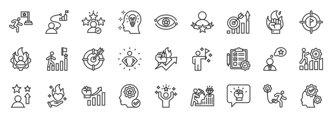 Ambition icon set collection outline. Icon pack contains ambition, goal, drive, focus, vision, success, motive, climb, energy, desire