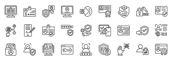 Digital identity icon set collection outline. Icon pack contains identity, profile, authentication, avatar, credential, login, password, username, verification, encryption