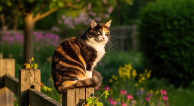 A calico cat sitting on a wooden fence in a garden with flowers and trees in the background.