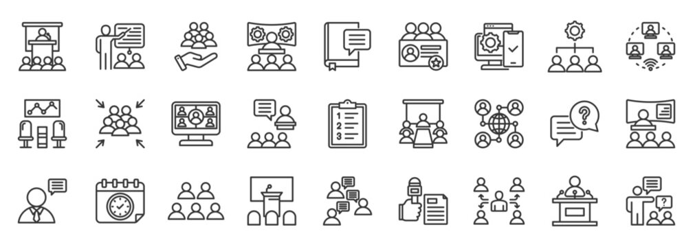 Conference icon set collection outline. Icon pack contains conference, meeting, seminar, workshop, audience, presentation, networking, discussion, agenda, session
