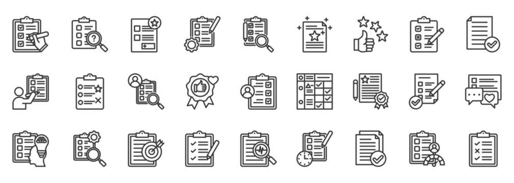 Assessment icon set collection outline. Icon pack contains assessment, evaluation, test, quiz, grade, score, mark, rating, review, analysis