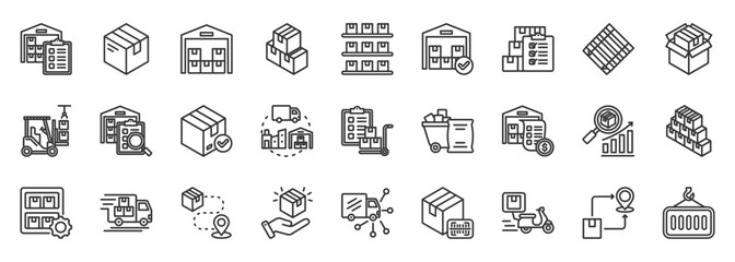 Warehouse inventory icon set collection outline. Icon pack contains warehouse, inventory, stock, supply, storage, shelf, pallet, box, package, item