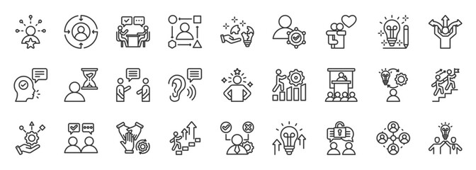 Plakat Soft skills icon set collection outline. Icon pack contains communication, teamwork, leadership, creativity, problem-solving, adaptability, empathy, negotiation, collaboration, and resilience