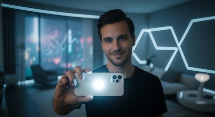 Confident man demonstrating a powerful smartphone flashlight in a sleek, innovative environment