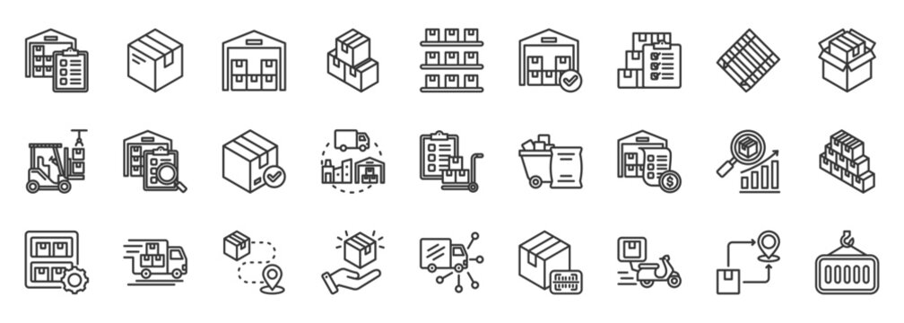 Warehouse inventory icon set collection outline. Icon pack contains warehouse, inventory, stock, supply, storage, shelf, pallet, box, package, item