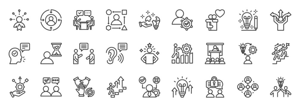 Soft skills icon set collection outline. Icon pack contains communication, teamwork, leadership, creativity, problem-solving, adaptability, empathy, negotiation, collaboration, and resilience
