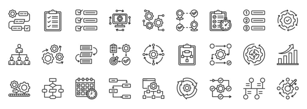 Workflow icon set collection outline. Icon pack contains workflow, process, task, step, action, sequence, order, system, cycle, automation