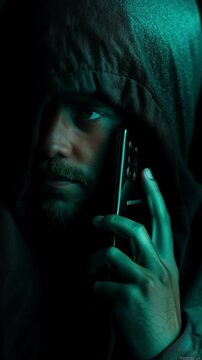 A mysterious figure in a dark hood speaks intently on a phone, capturing an atmosphere of secrecy and intrigue.