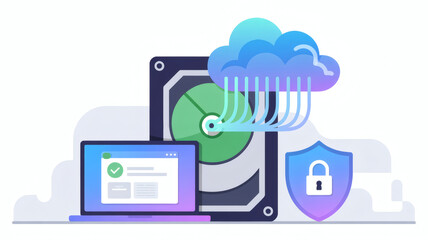 Secure cloud data storage and backup concept with laptop hard drive and digital shield protecting information from cyber threats