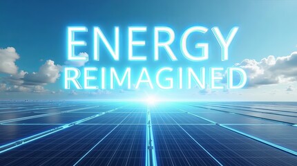 A futuristic scene showcasing solar panels under a bright sky, emphasizing sustainable energy with the phrase 'Energy Reimagined.'