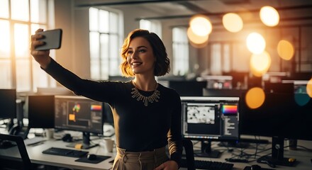 Happy young woman taking selfie in creative workspace amidst computers and bokeh lights