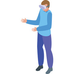 Man Wearing VR Headset Gesturing with Hands in Light Blue Long Sleeve Shirt and Purple Pants with Gray Shoes on White Background Isometric View