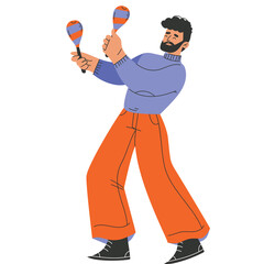 Man with beard in a blue sweater and orange pants plays maracas with a white background in a studio setting