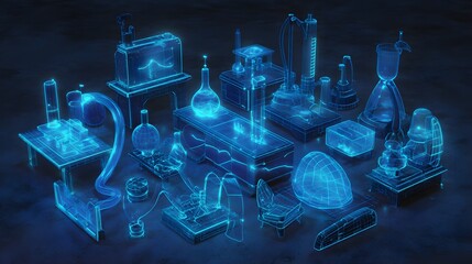 Collection of glowing blue holographic scientific laboratory equipment rests upon a dark surface