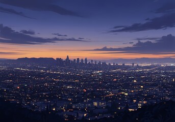 Fototapeta premium A panoramic view of Los Angeles at twilight, showing city lights and skyline beneath a glowing sunset. The image captures the calm yet vibrant atmosphere of the city as night approaches.