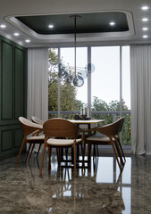 The dining room has dark green walls and natural light entering the room.