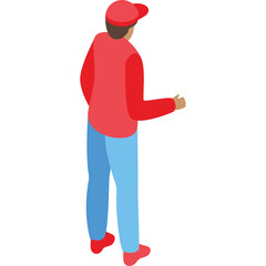 Man Wearing Red Hat And Red Long Sleeved Shirt With Blue Pants Standing In Isometric View With White Background