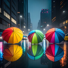 colorful umbrellas reflecting city