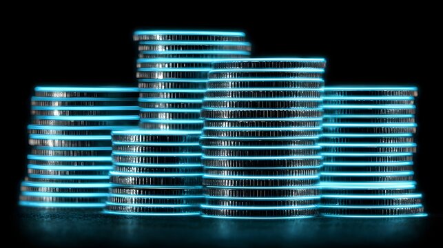 Multiple stacks of metallic coins illuminated with bright cyan neon light against a dark background