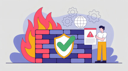 Digital firewall protecting against cyber threats and online dangers with a secure shield and warning sign