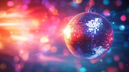 Shiny disco ball reflecting colorful bright lights with a vibrant background of pink, purple, and blue bokeh creating a festive and energetic atmosphere