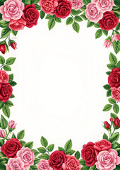 Fototapeta premium Romantic Red and Pink Rose Floral Border Frame Template