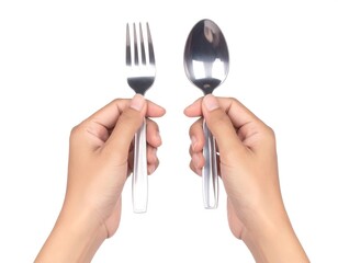 Hands Holding a Fork and Spoon Isolated on a White Background for Eating