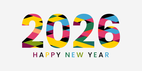 Colorful 2026 Happy New Year text design with geometric mosaic pattern. Modern and vibrant holiday greeting card vector illustration.