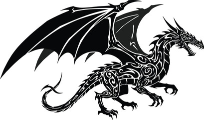 Tribal dragon silhouette with wings, fierce mythical creature vector illustration, fantasy tattoo design, gothic art, powerful beast artwork