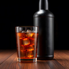 dark amber drink in a glass with ice cubes 