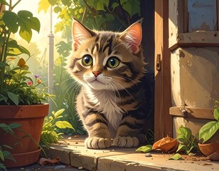 Charming Kitten Peeking Out of a Doorway Surrounded by Lush Greenery and Plants