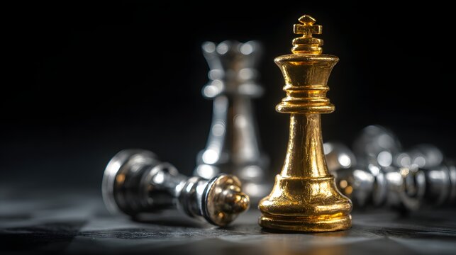 Illuminated golden royal piece stands victoriously over defeated silver figures on a dark board