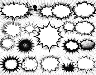 Comic book elements speech bubbles, burst effects, and graphic design templates