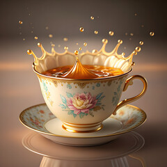 tea splashing into vintage floral cap 