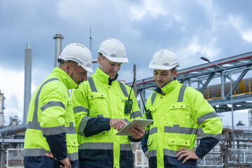 Obraz premium Group of engineer wearing safety uniforms and helmets discussing project on tablet in front of industrial gas tank. Concept of teamwork, refinery inspection, engineering collaboration safety.