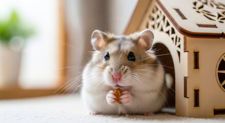 Obraz premium A cute hamster with a wooden house in its home. The hamster is holding a piece of food in its mouth.