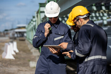 Group of Petroleum engineer in safety uniform discussing project plans using digital tablet checking at pipeline construction site, symbolizing teamwork industrial operations oil refinery.