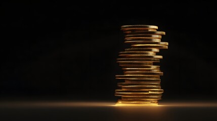 Tall stack of shining metallic currency rests upon a luminous surface against a dark background