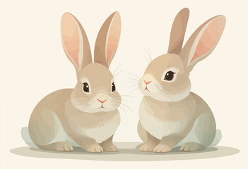 Obraz premium Two cute beige rabbits sitting together in soft vector style isolated on white