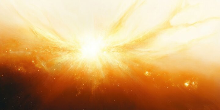 Bright intense explosion radiating golden orange and yellow light with surrounding cosmic dust and stars in space